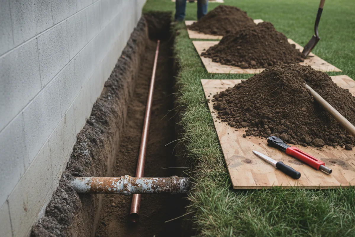 Excavated water line trench during Water Heater Repair in Marston